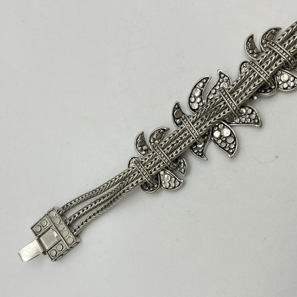 Silver Tone Triple Strand Wheat Chain Floral Dotted Texture Bracelet 7.5in